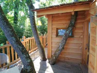 Cabane dans les arbres en Aquitaine, avec des troncs intégrés à la terrasse en bois.