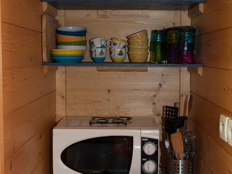 Cuisine équipée dans un chalet en bois, avec vaisselle colorée et micro-ondes.