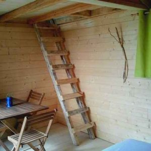 Cabane en bois avec échelle, décorée de bois naturel et rideaux verts.