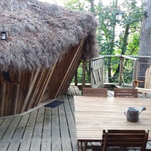 Hébergement insolite en Bourgogne : cabane en bois avec toit de chaume et terrasse en bois.