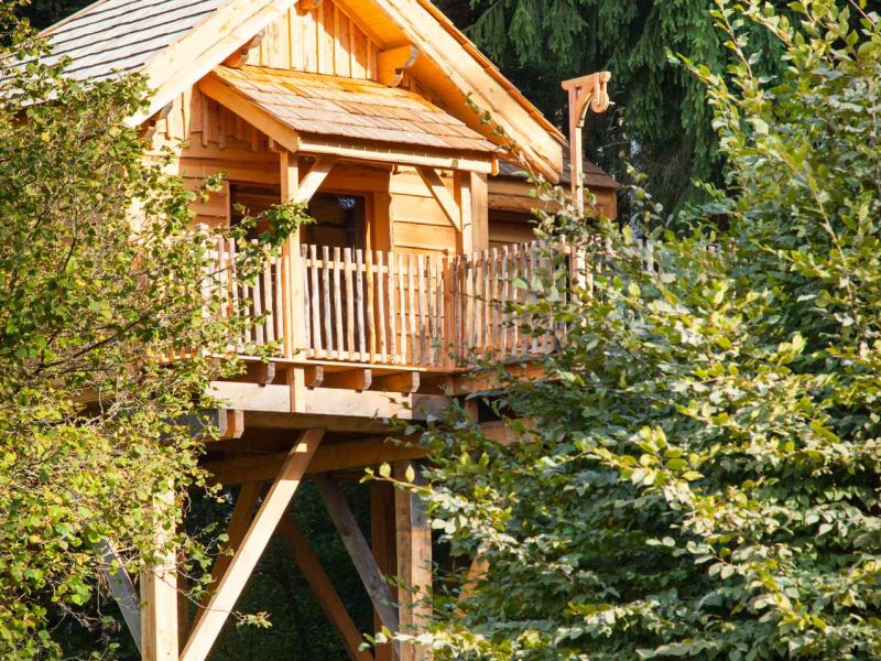 Cabane perchée en bois, entourée de verdure, offrant une vue imprenable sur la nature.