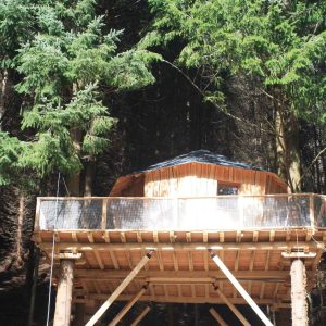 Cabane perchée en bois, entourée darbres majestueux en Auvergne-Rhône-Alpes.