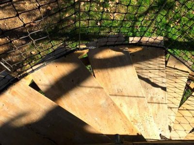 Escalier en bois menant à une cabane perchée dans les arbres en Bourgogne.