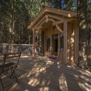 Cabane en bois perchée, entourée darbres, avec terrasse en bois accueillante.