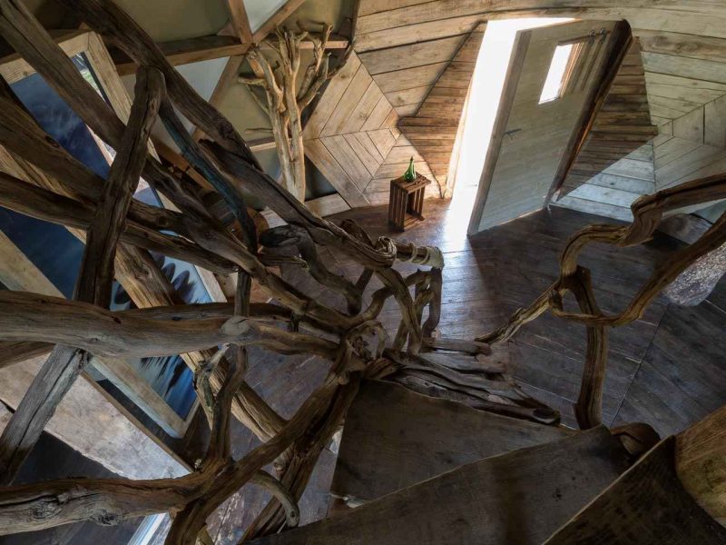 Cabane en bois avec un escalier en branches, ambiance naturelle et chaleureuse.