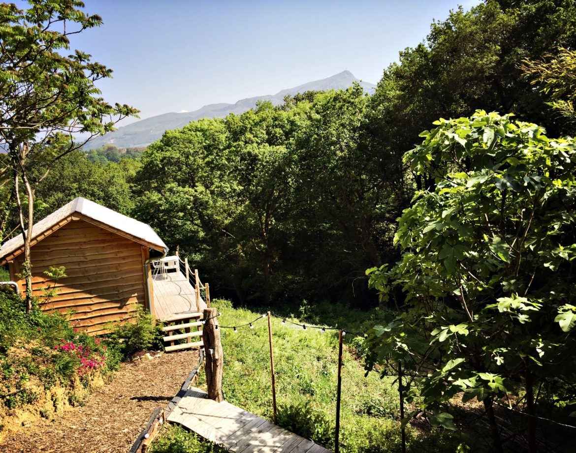 Cabane en bois nichée dans la verdure, avec vue sur les montagnes en Aquitaine.