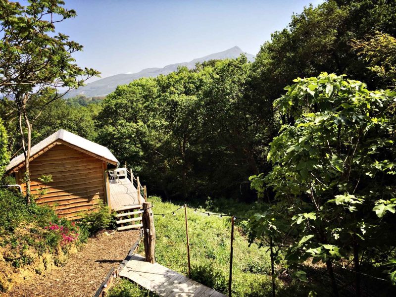 Cabane en bois nichée dans la verdure, avec vue sur les montagnes environnantes.