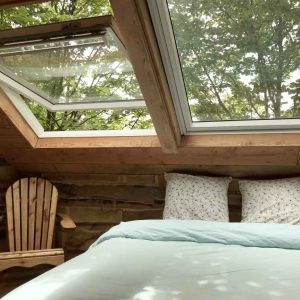 Chalet en bois avec vue sur la nature, lit confortable et fenêtres panoramiques.