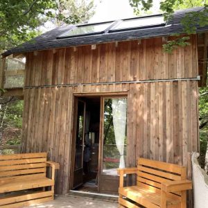 Cabane en bois dans les arbres, avec terrasse et bancs en bois, au cœur de la nature.