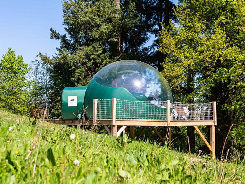 Hébergement insolite en bulle transparente, niché dans la verdure dAuvergne-Rhône-Alpes.