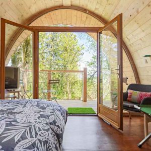 Hébergement insolite en bulle en bois, avec vue sur la nature et terrasse accueillante.