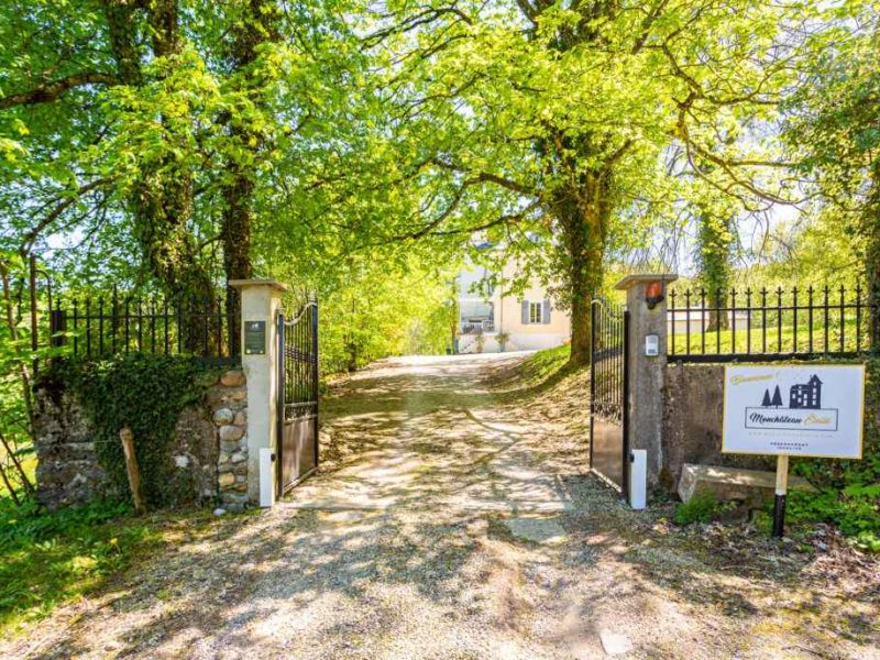 Charmante maison dhôtes avec un chemin bordé darbres verdoyants.