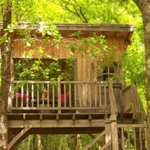 Cabane perchée en bois, entourée darbres verdoyants, avec balcon et fauteuils.