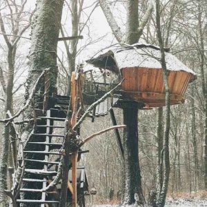 Cabane perchée dans les arbres, entourée de neige et de forêt paisible.
