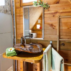 Salle de bain en bois dans un hébergement insolite en Provence-Alpes-Côte dAzur.