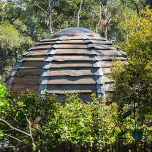 Hébergement insolite en forme de dôme, niché parmi les arbres verdoyants.