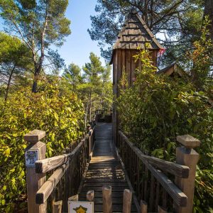 Cabane perchée en Provence-Alpes-Côte dAzur, entourée de verdure et de pins.