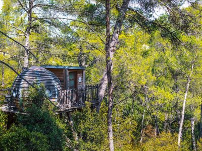 Cabane perchée dans les arbres, entourée de verdure en Provence-Alpes-Côte dAzur.