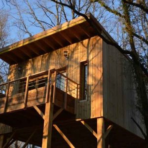 Cabane perchée en bois dans les arbres, offrant une vue imprenable sur la nature.