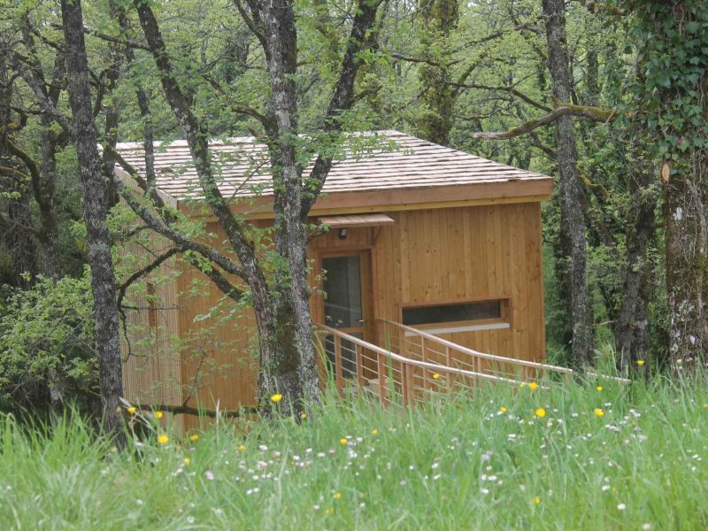 Cabane en bois nichée parmi les arbres, avec une terrasse en bois et verdure environnante.