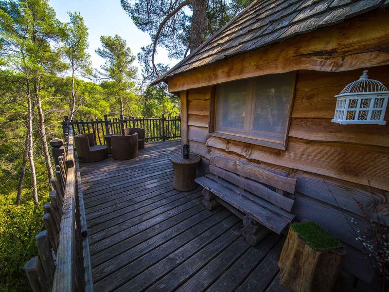 Cabane en bois perchée, avec terrasse en bois et vue sur la forêt verdoyante.