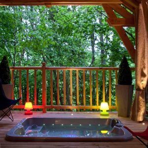 Cabane perchée à Limousin avec jacuzzi, entourée de verdure apaisante.