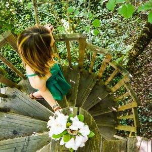 Cabane dans les arbres à Limousin, accès par un escalier en bois entouré de verdure.