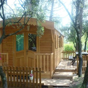 Cabane en bois nichée dans les arbres, avec terrasse en bois et jardin verdoyant.