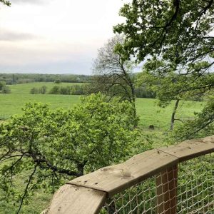 Cabane perchée en Bourgogne avec vue panoramique sur la verdure environnante.