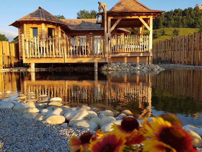 Hébergement insolite en Auvergne : chalet en bois avec terrasse et étang paisible.