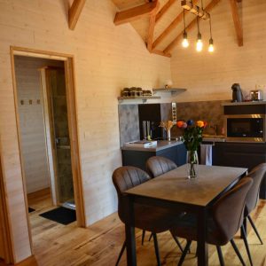 Hébergement insolite en Auvergne : chalet en bois avec cuisine moderne et décoration chaleureuse.
