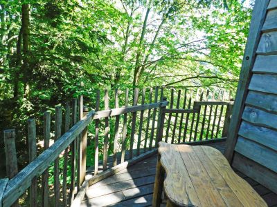 Cabane perchée en bois avec terrasse, entourée darbres verdoyants en Auvergne.