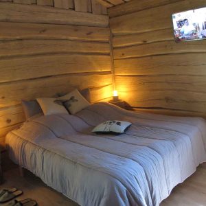 Chalet en bois chaleureux avec lit douillet et ambiance lumineuse apaisante.