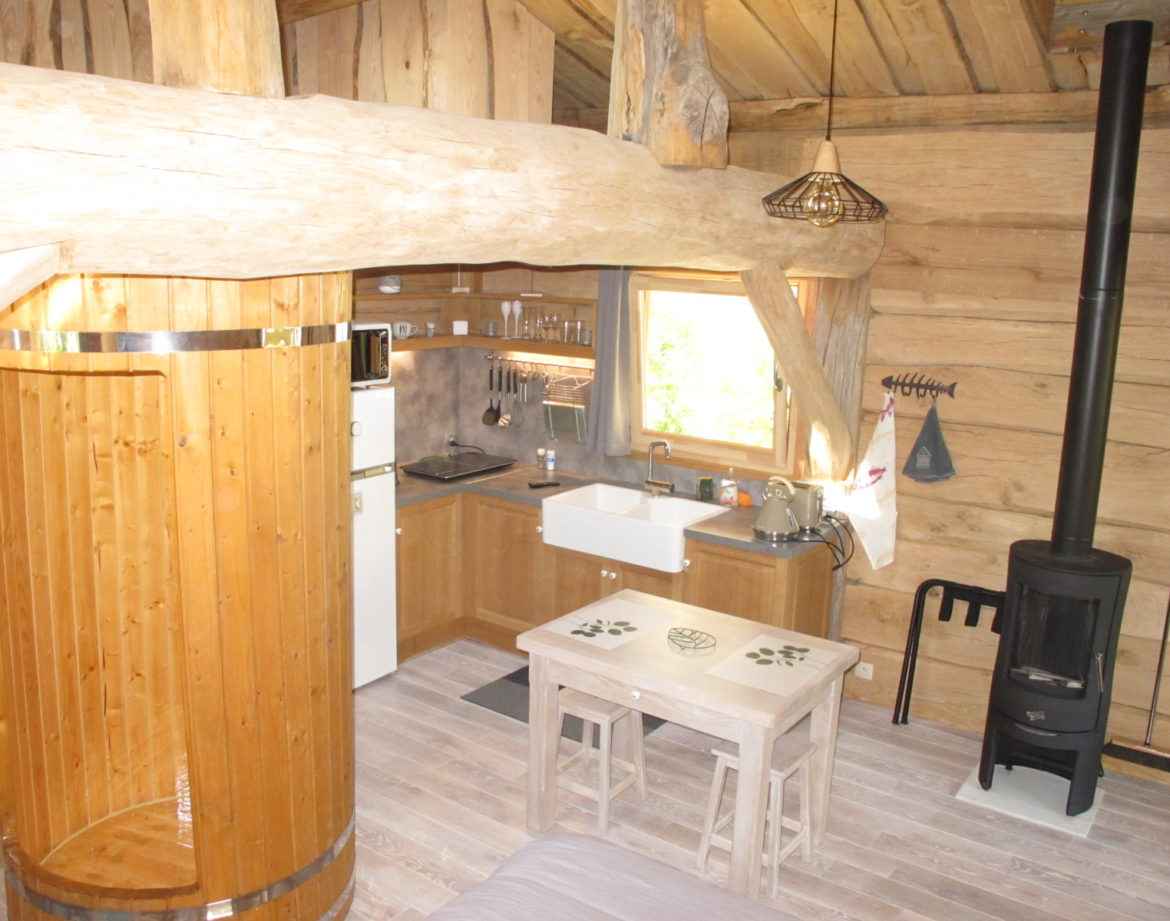 Cabane en bois à Champagne-Ardennes, avec un poêle à bois et une cuisine équipée.