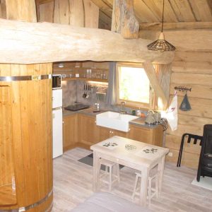 Cabane en bois à Champagne-Ardennes, avec un poêle à bois et une cuisine équipée.