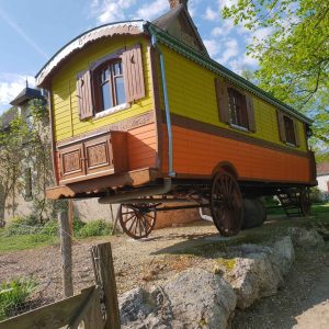 Charmante roulotte colorée surélevée, entourée de verdure au Centre.