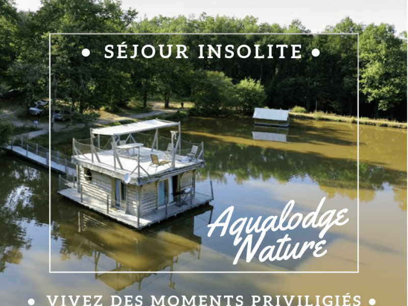 Cabane flottante sur un lac, entourée de verdure en Aquitaine. Séjour insolite.