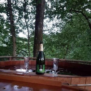 Hébergement insolite en Pays de la Loire avec jacuzzi en bois et champagne.