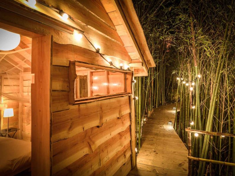 Cabane en bois éclairée, entourée de bambous et de guirlandes lumineuses.