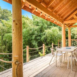 Cabane en bois dans les arbres, terrasse en bois avec vue sur la verdure.
