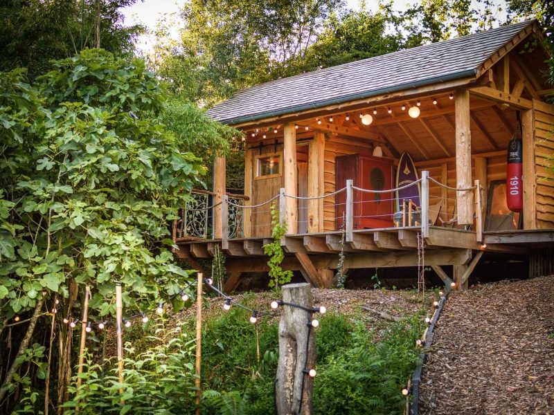 Cabane en bois entourée de verdure, avec guirlandes lumineuses accueillantes.