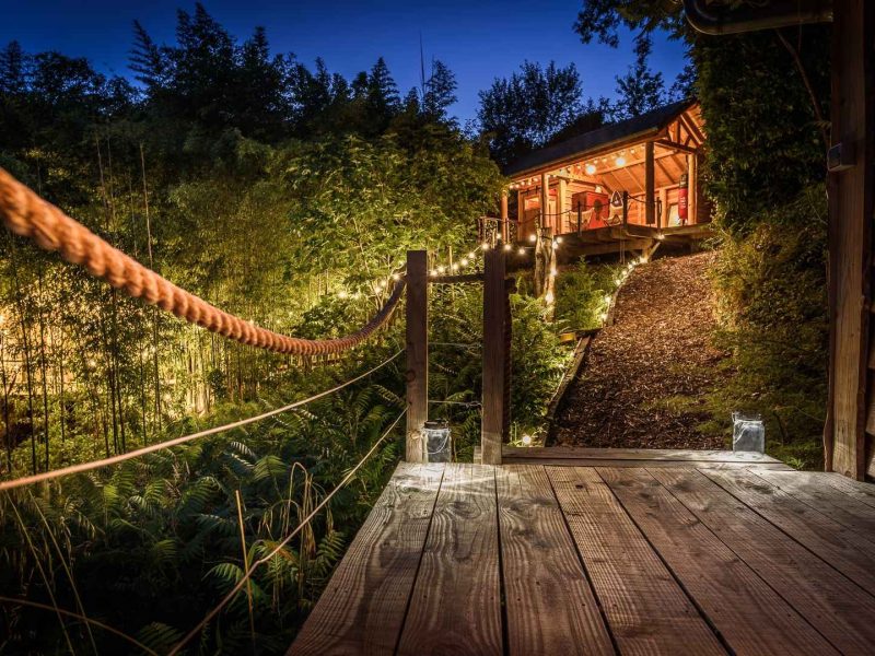 Cabane en bois illuminée, accessible par un chemin en bois, entourée de verdure.