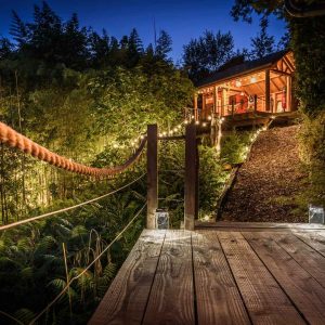 Cabane perchée en Aquitaine, éclairée par des guirlandes dans un cadre verdoyant.
