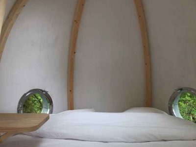 Hébergement insolite en forme de bulle avec vue sur la nature par un toit vitré.