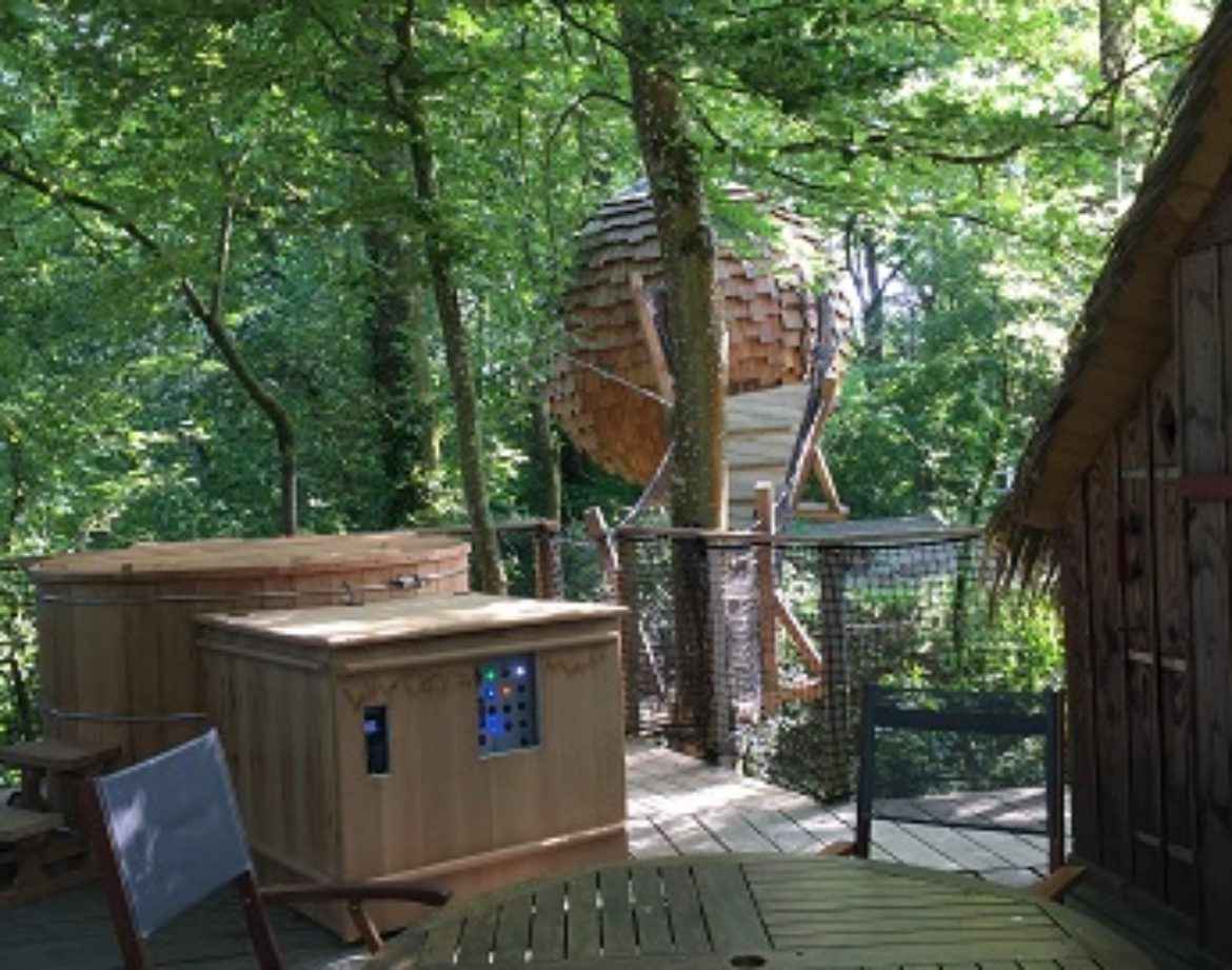 Cabane perchée dans les arbres, entourée de verdure, avec jacuzzi en bois.
