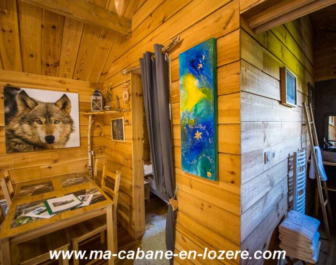 Cabane en bois chaleureuse avec décoration artistique et vue sur la nature.