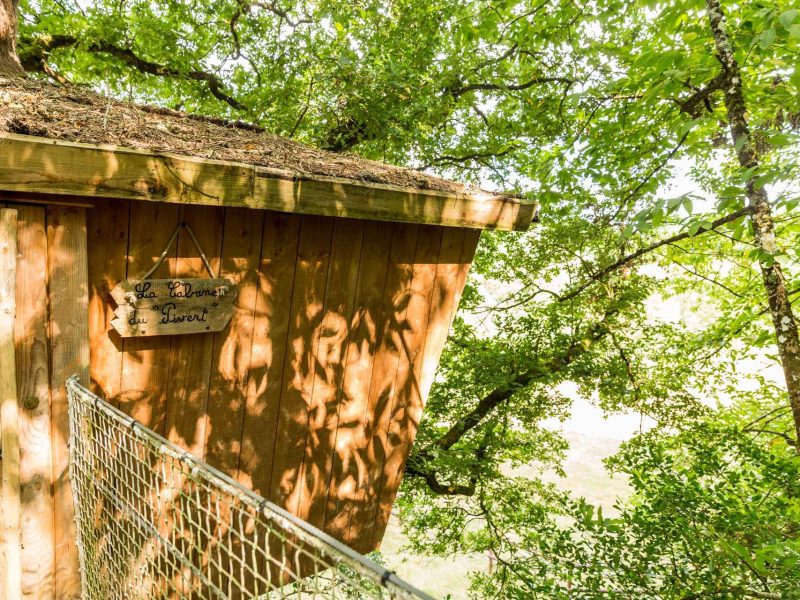 Cabane perchée dans les arbres, entourée de verdure, avec un toit en bois.