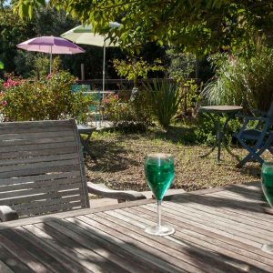 Hébergement insolite en Provence-Alpes-Côte dAzur, avec cocktails verts sur une table en bois.