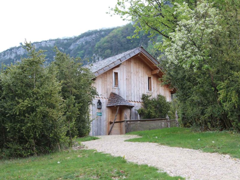 Chalet en bois niché dans la verdure, entouré de montagnes en Auvergne-Rhône-Alpes.