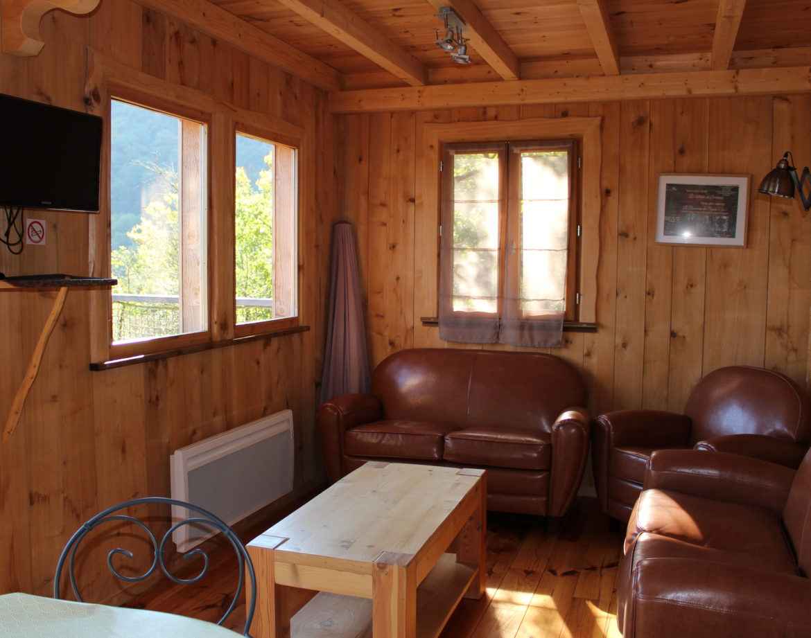Cabane en bois cosy avec canapés en cuir et vue sur la nature en Auvergne-Rhône-Alpes.